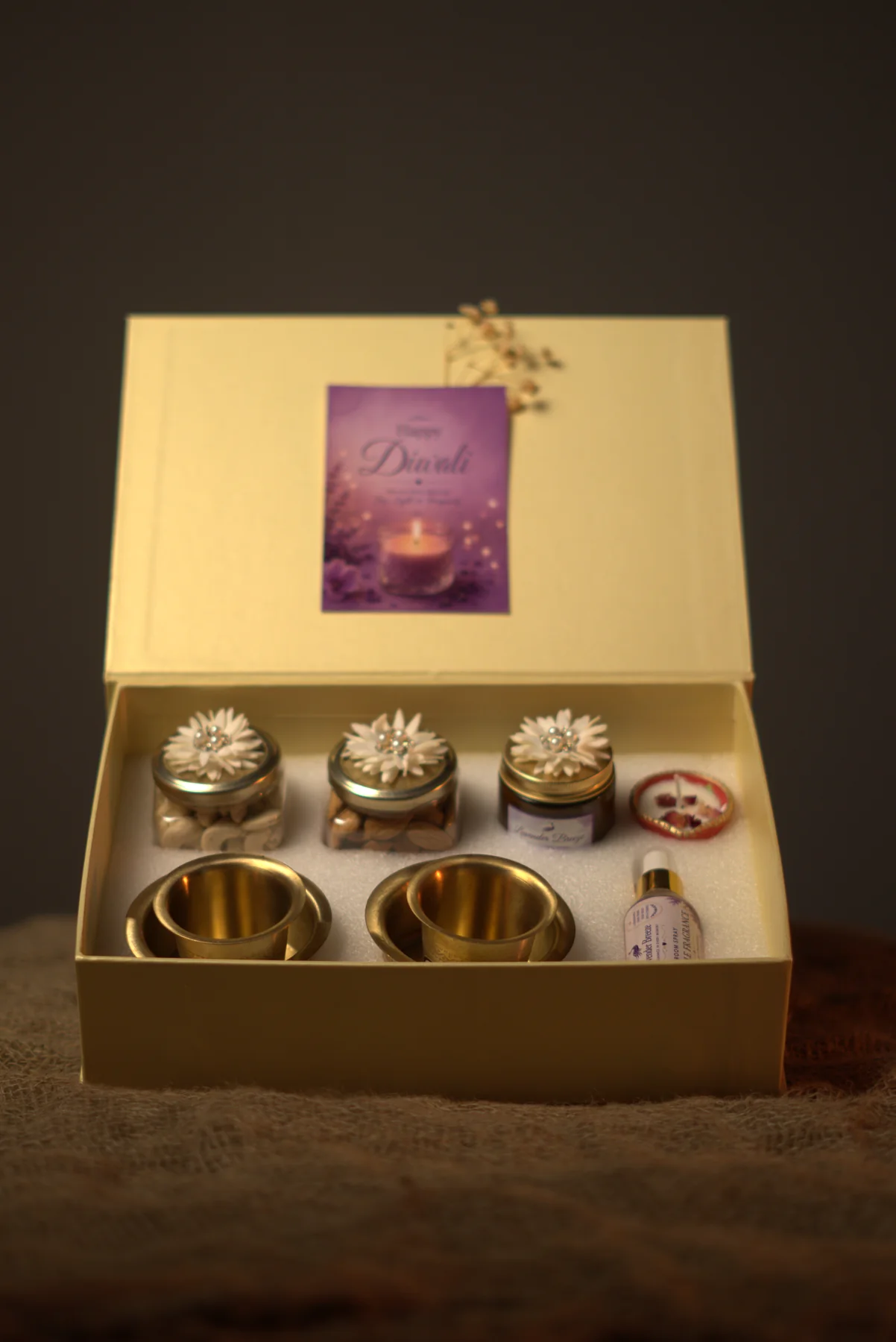 The Vintage Combo, open: Coffee Davara Set (2 set), Premium Almonds, Premium Cashews, Scented Candle, Diya Tealight